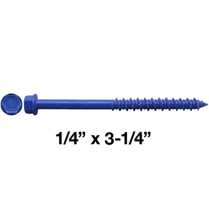 Blue Carbon Steel Hex Head Concrete Anchor Screws. Carbon Steel Hardened - Interior & Exterior Coated Rust and Corrosion Resistant Screws