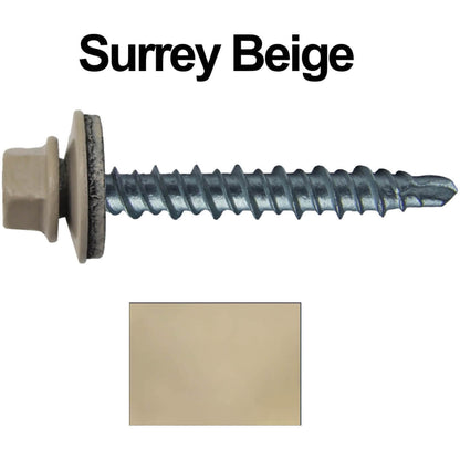#10 x 1-1/2" Mini Driller Sheet Metal Roofing Screw - Hex Washer Head -  Self starting metal to wood siding screws. EPDM washer. Colored head.
