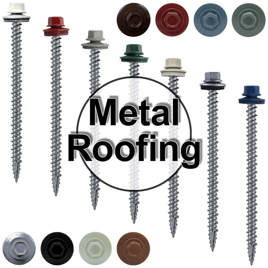 #10 x 3" Metal ROOFING SCREWS - Hex Washer Head - Self starting/self tapping - EPDM washer. Colored head.
