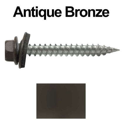 #9 x 1-1/2" Stainless Steel Metal Roofing Screws - Hex Washer Head - Self-Piercing (SP) tip metal to wood siding screws. EPDM washer. Colored head.
