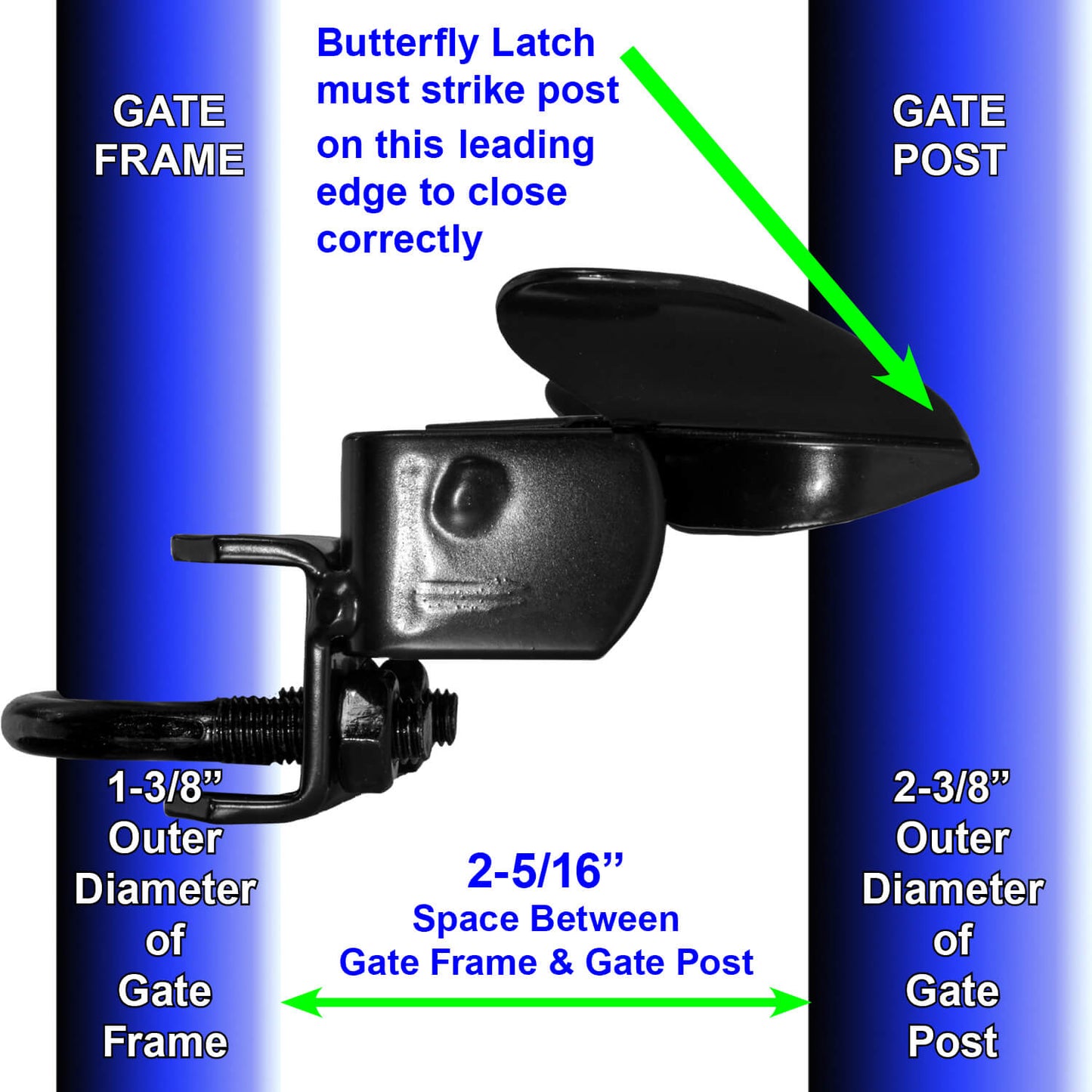 Black Butterfly Latch in Two Styles. Gate Frame (1-3/8" x 2-3/8") and 1-3/8" Wall Mount