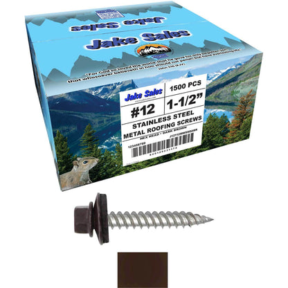 12 x 1-1/2" Stainless Steel Metal Roofing Screw - Hex Washer Head - Self starting/self tapping - EPDM washer. Colored head.