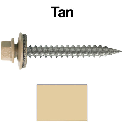 #9 x 1-1/2" Stainless Steel Metal Roofing Screws - Hex Washer Head - Self-Piercing (SP) tip metal to wood siding screws. EPDM washer. Colored head.