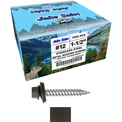 12 x 1-1/2" Stainless Steel Metal Roofing Screw - Hex Washer Head - Self starting/self tapping - EPDM washer. Colored head.