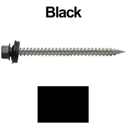 9 x 2-1/2" - Stainless Steel Metal Roofing Screws - Hex Washer Head -  Self starting metal to wood siding screws. EPDM washer. Colored head.