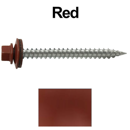 #9 x 2" Stainless Steel Metal Roofing Screws - Hex Washer Head - Self-Piercing (SP) tip metal to wood. EPDM washer. Colored head.