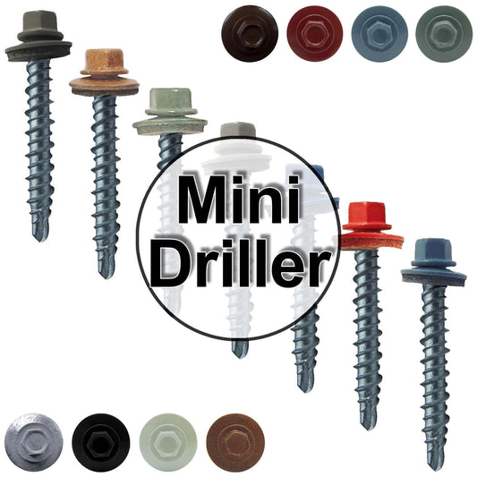 #10 x 1" Mini Driller Sheet Metal Roofing Screw - Hex Washer Head -  Self starting metal to wood siding screws. EPDM washer. Colored head.