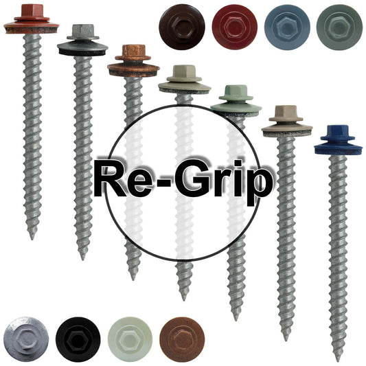 #12 x 2-1/2" RE-GRIP METAL ROOFING SCREWS - Hex Washer Head - Self starting/self tapping - EPDM washer. Colored head.