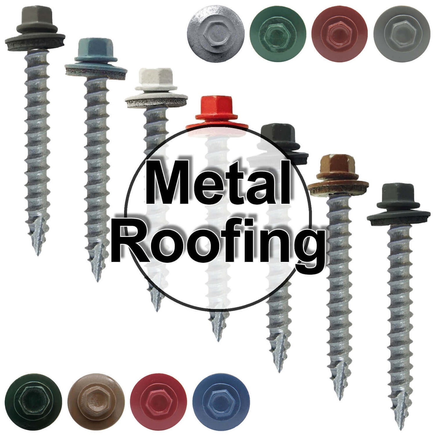 #14 x 2" Metal ROOFING SCREWS - Hex Washer Head - Self starting/self tapping - EPDM washer. Colored head.