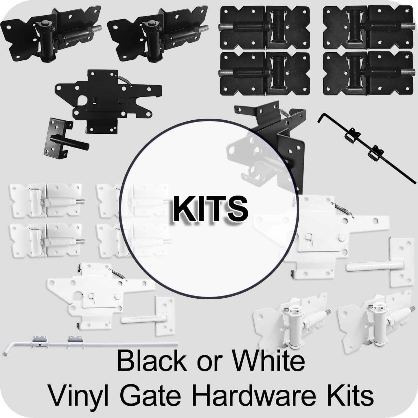Vinyl Gate Kits in Standard and Self-Closing for Single and Double Gates. Choose from Black or White With or Without Drop Rods. Standard and Extended Gate Latches