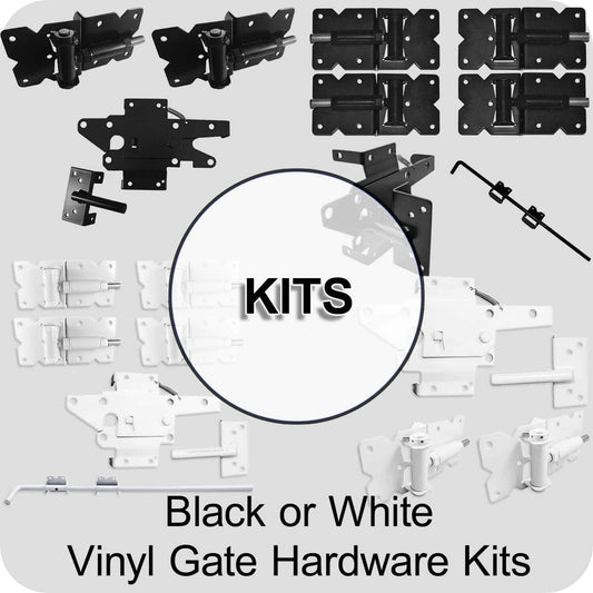 Vinyl Gate Kits in Standard and Self-Closing for Single and Double Gates. Choose from Black or White With or Without Drop Rods. Standard and Extended Gate Latches