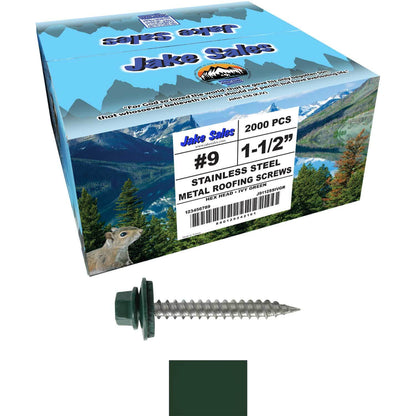 #9 x 1-1/2" Stainless Steel Metal Roofing Screws - Hex Washer Head - Self-Piercing (SP) tip metal to wood siding screws. EPDM washer. Colored head.