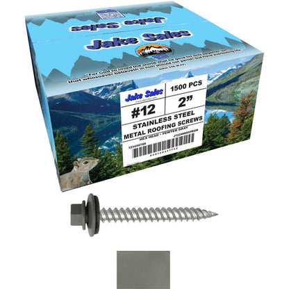 12 x 2"  Stainless Steel Metal Roofing Screw - Hex ReGrip Washer Head - Self starting/self tapping - EPDM washer. Colored head.