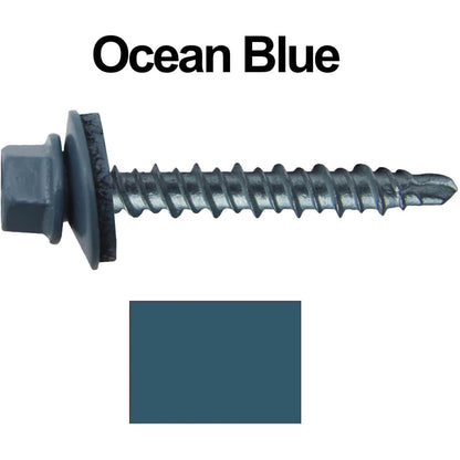 #10 x 1-1/2" Mini Driller Sheet Metal Roofing Screw - Hex Washer Head -  Self starting metal to wood siding screws. EPDM washer. Colored head.