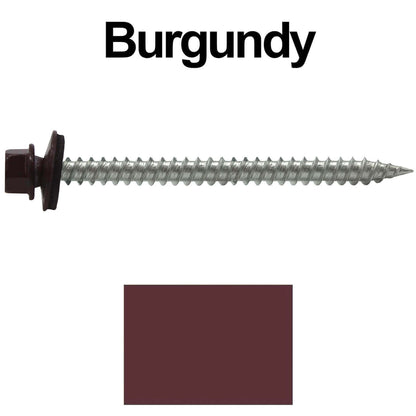 9 x 2-1/2" - Stainless Steel Metal Roofing Screws - Hex Washer Head -  Self starting metal to wood siding screws. EPDM washer. Colored head.
