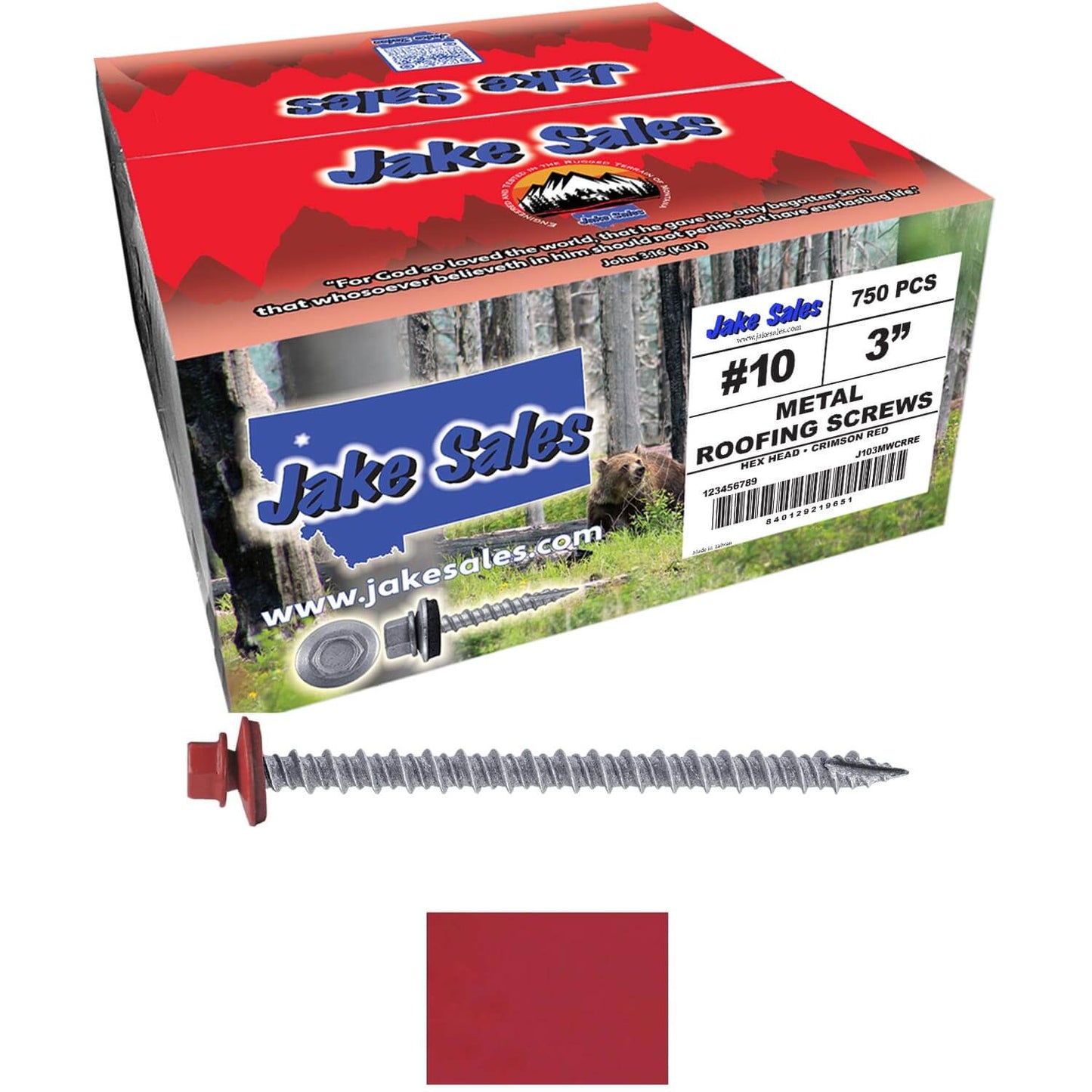 #10 x 3" Metal ROOFING SCREWS - Hex Washer Head - Self starting/self tapping - EPDM washer. Colored head.