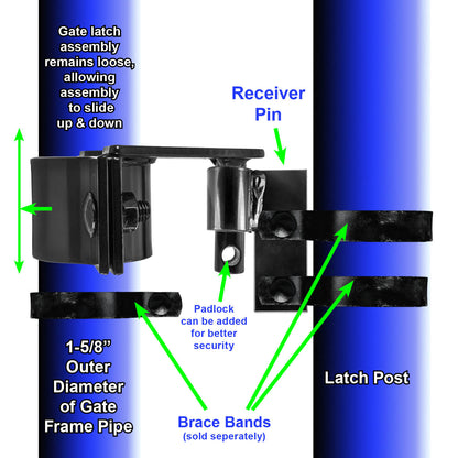 Black Rolling/Sliding Chain Link Gate Latch (Rolo Latch) - Pressed Steel - Power Coated - For 1-5/8" Or 1-7/8" Gate Frames