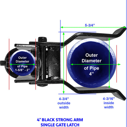 Strong Arm Single Gate Latch - Black - For Gate Frames From 1-5/8" to 2" - Fence Posts 2-3/8", 2-7/8" and 4"