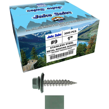 #9 x 1" Stainless Steel Metal Roofing Screws - Hex Washer Head - Self-Piercing (SP) tip metal to wood siding screws. EPDM washer. Colored head.