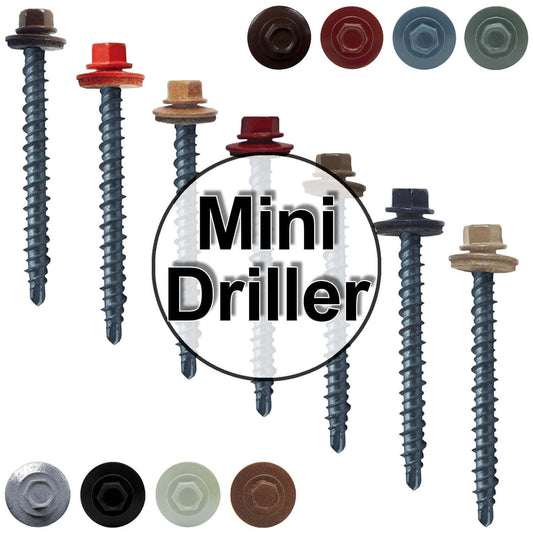 #10 x 2" Mini Driller Sheet Metal Roofing Screw - Hex Washer Head -  Self starting metal to wood siding screws. EPDM washer. Colored head.