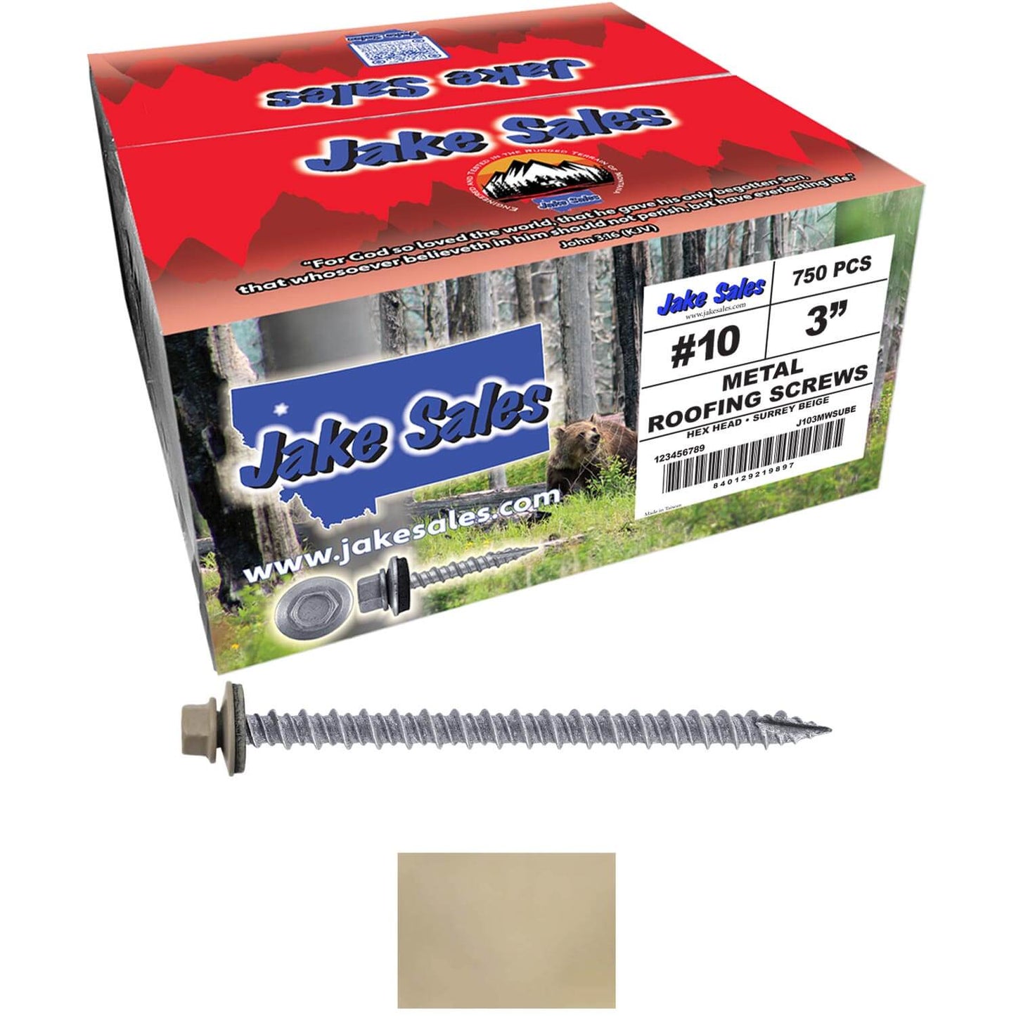 #10 x 3" Metal ROOFING SCREWS - Hex Washer Head - Self starting/self tapping - EPDM washer. Colored head.