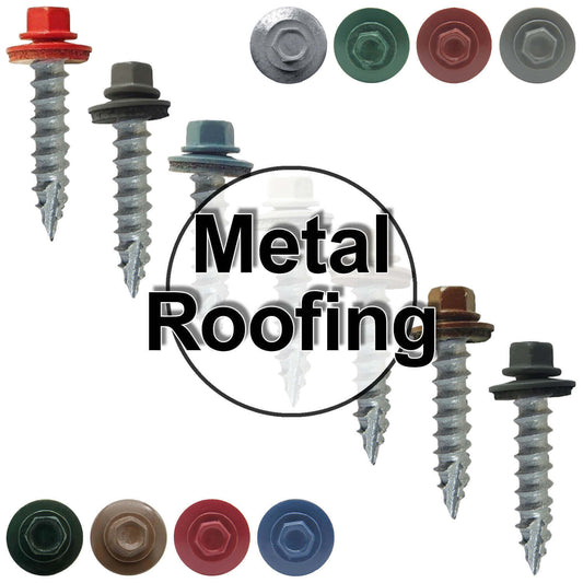 #14 x 1"  Metal ROOFING SCREWS - Hex Washer Head - Self starting/self tapping - EPDM washer. Colored head.