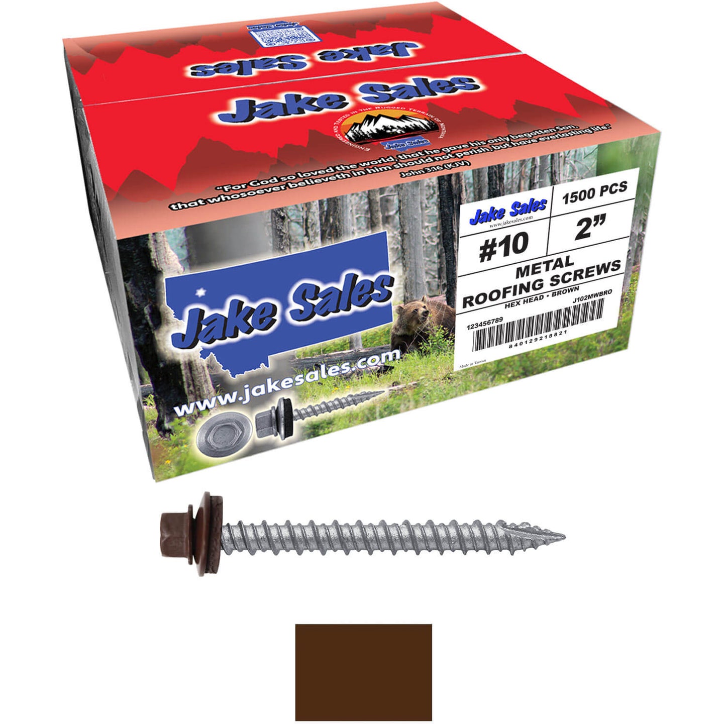#10 x 2" Metal ROOFING SCREWS - Hex Washer Head - Self starting/self tapping - EPDM washer. Colored head.