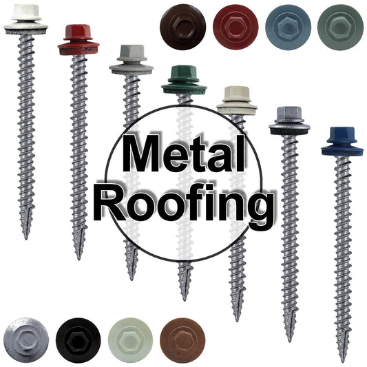 #10 x 2-1/2" Metal ROOFING SCREWS - Hex Washer Head - Self starting/self tapping - EPDM washer. Colored head.