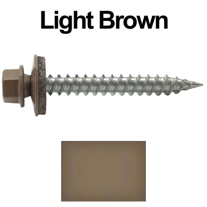 #9 x 1-1/2" Stainless Steel Metal Roofing Screws - Hex Washer Head - Self-Piercing (SP) tip metal to wood siding screws. EPDM washer. Colored head.