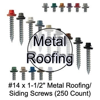 #14 x 1-1/2" Metal ROOFING SCREWS(250) Screws Hex Washer Head Sheet Metal Roof Screw. Self starting/self tapping metal to wood with EPDM washer. Colored head. For corrugated roofing