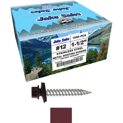12 x 1-1/2" Stainless Steel Metal Roofing Screw - Hex Washer Head - Self starting/self tapping - EPDM washer. Colored head.