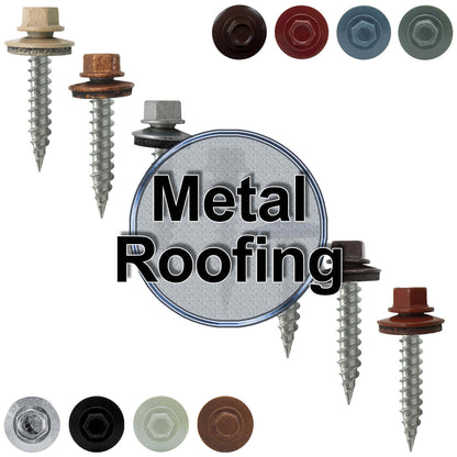 #9 x 1" Stainless Steel Metal Roofing Screws - Hex Washer Head - Self-Piercing (SP) tip metal to wood siding screws. EPDM washer. Colored head.