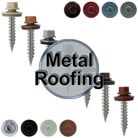 #9 x 1" Stainless Steel Metal Roofing Screws - Hex Washer Head - Self-Piercing (SP) tip metal to wood siding screws. EPDM washer. Colored head.
