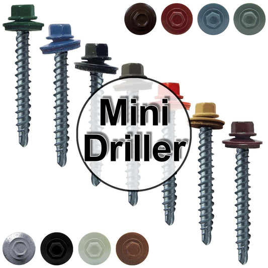 #10 x 1-1/2" Mini Driller Sheet Metal Roofing Screw - Hex Washer Head -  Self starting metal to wood siding screws. EPDM washer. Colored head.