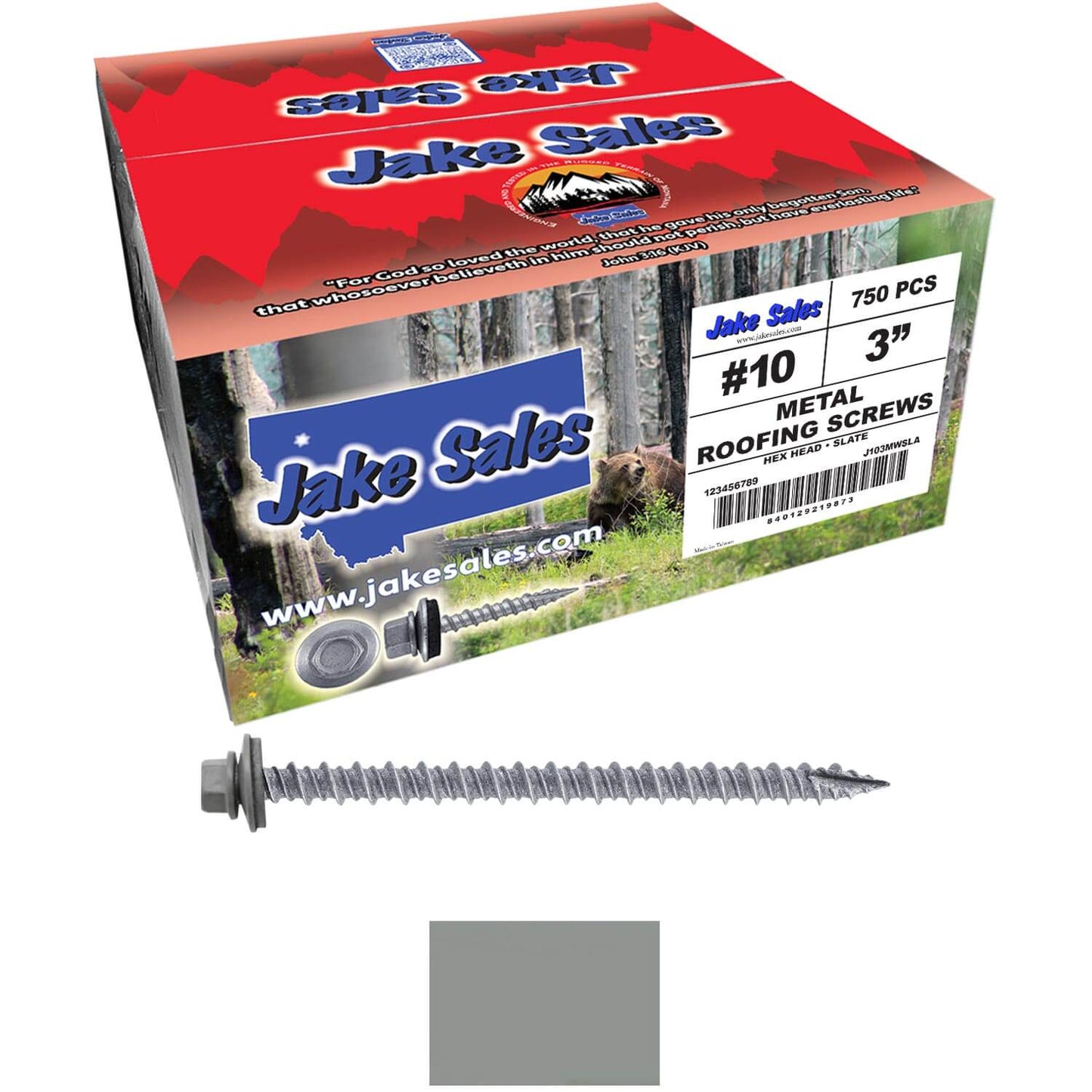 #10 x 3" Metal ROOFING SCREWS - Hex Washer Head - Self starting/self tapping - EPDM washer. Colored head.