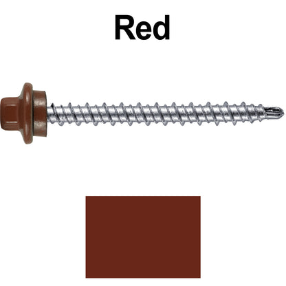 #10 x 2" Stainless Steel Mini Driller Sheet Metal Roofing Screw - Hex Washer Cap - Self starting metal to wood siding screws - EPDM washer. Colored head.