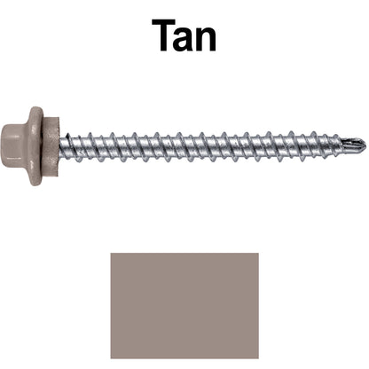 #10 x 2" Stainless Steel Mini Driller Sheet Metal Roofing Screw - Hex Washer Cap - Self starting metal to wood siding screws - EPDM washer. Colored head.