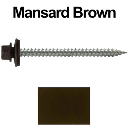 9 x 2-1/2" - Stainless Steel Metal Roofing Screws - Hex Washer Head -  Self starting metal to wood siding screws. EPDM washer. Colored head.