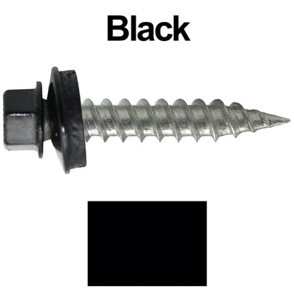 #9 x 1" Stainless Steel Metal Roofing Screws - Hex Washer Head - Self-Piercing (SP) tip metal to wood siding screws. EPDM washer. Colored head.