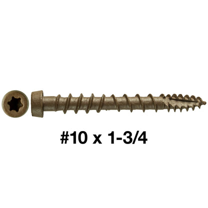 10 x 1-3/4"  Composite Decking Screws. Exterior Coated, Pressure Treated and ACQ Lumber Compatible. Use T20 Torx/Star Dive Bit