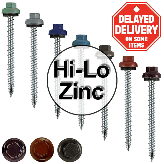 10 X 2-1/2" HI-LO Zinc Aluminum Cap Metal Roofing Screws - Hex Washer Head - Self starting/self tapping - EPDM washer. Colored head.