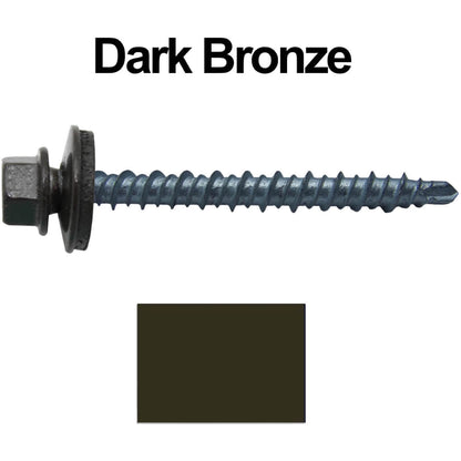 #10 x 2" Mini Driller Sheet Metal Roofing Screw - Hex Washer Head -  Self starting metal to wood siding screws. EPDM washer. Colored head.