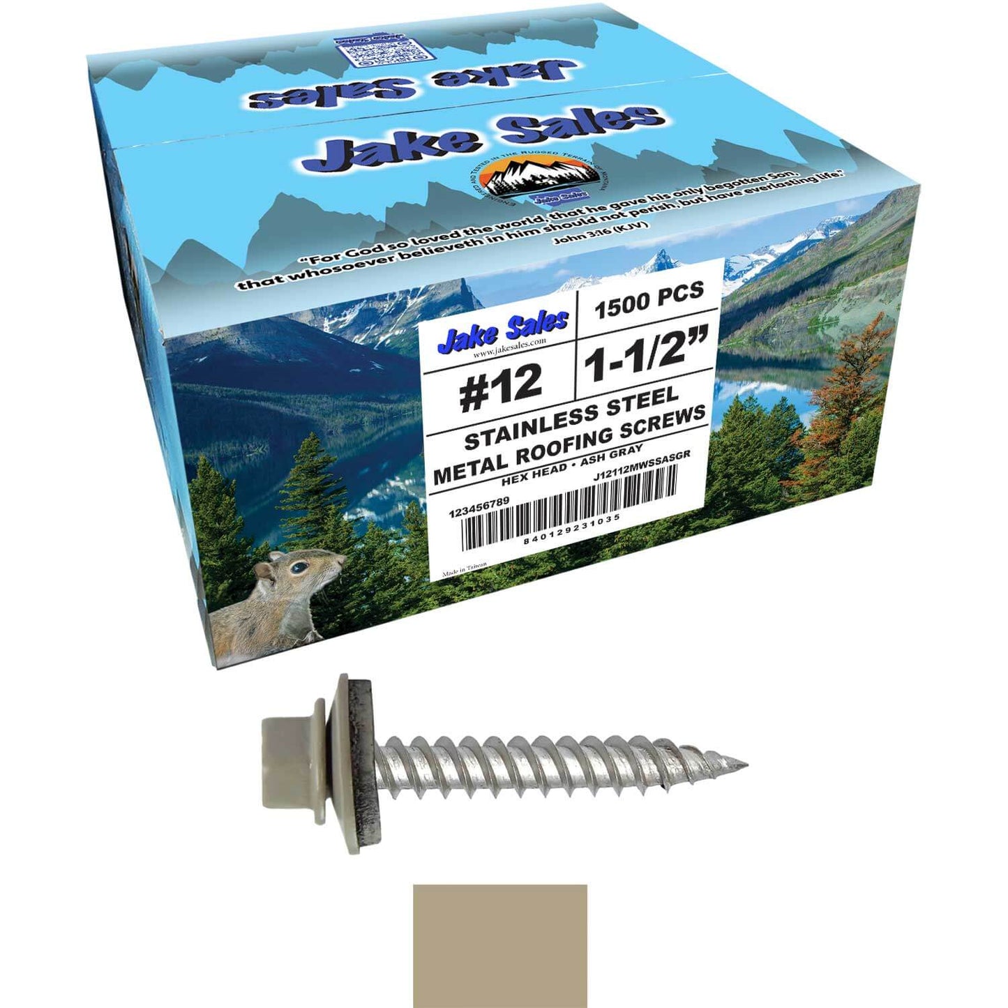 12 x 1-1/2" Stainless Steel Metal Roofing Screw - Hex Washer Head - Self starting/self tapping - EPDM washer. Colored head.