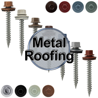 #9 x 1-1/2" Stainless Steel Metal Roofing Screws - Hex Washer Head - Self-Piercing (SP) tip metal to wood siding screws. EPDM washer. Colored head.
