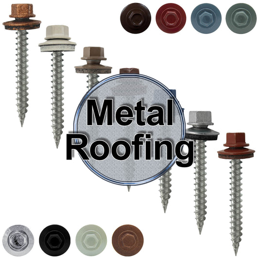 #9 x 1-1/2" Stainless Steel Metal Roofing Screws - Hex Washer Head - Self-Piercing (SP) tip metal to wood siding screws. EPDM washer. Colored head.