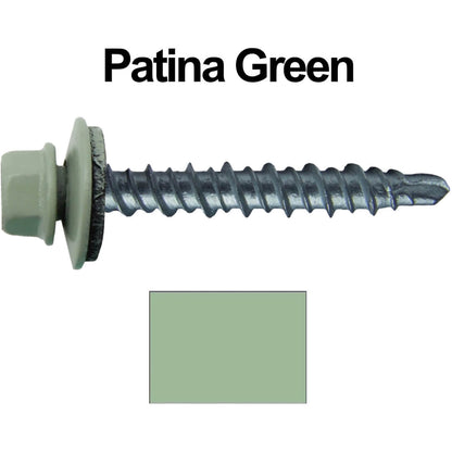 #10 x 1" Mini Driller Sheet Metal Roofing Screw - Hex Washer Head -  Self starting metal to wood siding screws. EPDM washer. Colored head.