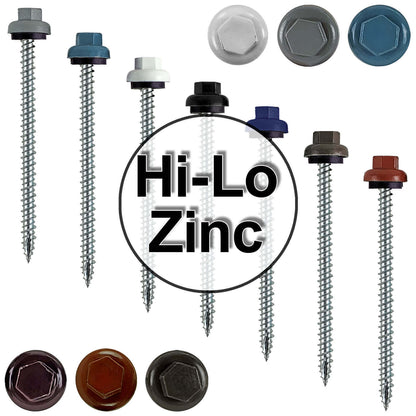 10 X 3“ HI-LO Zinc Aluminum Cap Metal Roofing Screws - Hex Washer Head - Self starting/self tapping - EPDM washer. Colored head.