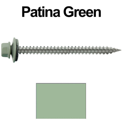 9 x 2-1/2" - Stainless Steel Metal Roofing Screws - Hex Washer Head -  Self starting metal to wood siding screws. EPDM washer. Colored head.