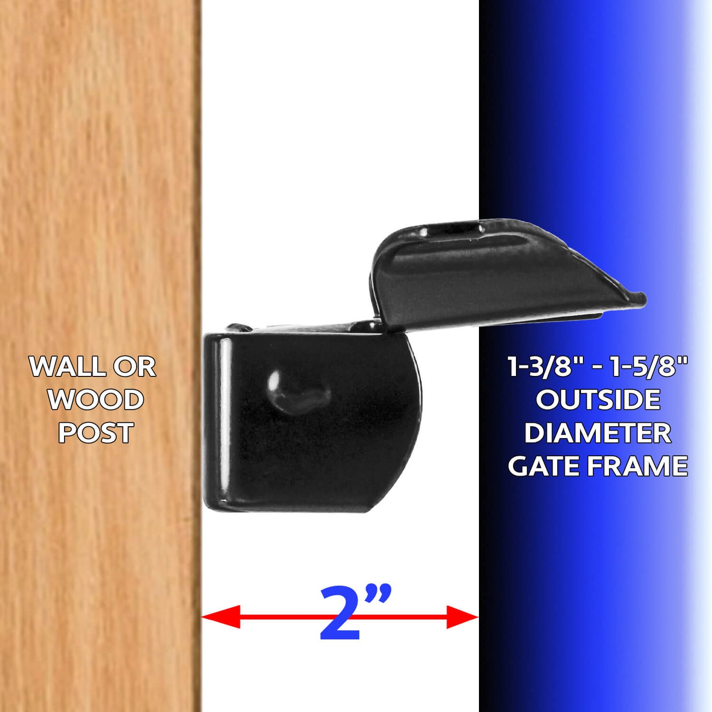 Black Butterfly Latch in Two Styles. Gate Frame (1-3/8" x 2-3/8") and 1-3/8" Wall Mount