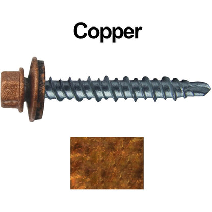 #10 x 1" Mini Driller Sheet Metal Roofing Screw - Hex Washer Head -  Self starting metal to wood siding screws. EPDM washer. Colored head.